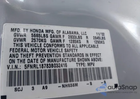 2003 Honda Odyssey Ex-L из США, поврежденный, VIN 5FNRL18783B032416